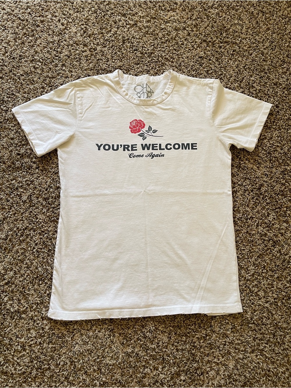 Chaser Graphic Tee Medium White Rose You’re Welcome Come Again Thank You Back